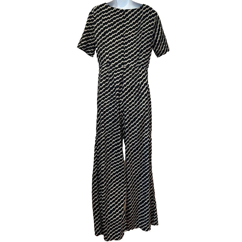 Gianni Bini Geometric Chevron Jumpsuit Sz L Black White Wide Leg Mod - Picture 4 of 11